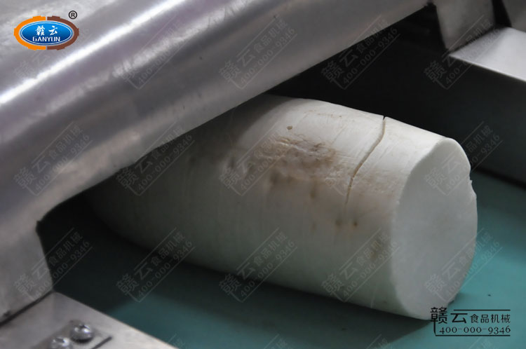 將整個(gè)蘿卜放入定做切菜機(jī)輸送帶內(nèi)